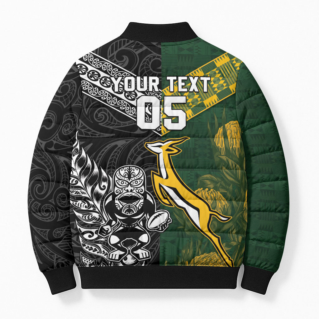 Custom Rugby New Zealand South Africa Bomber Puffer Jacket Maori Tiki Springboks Together