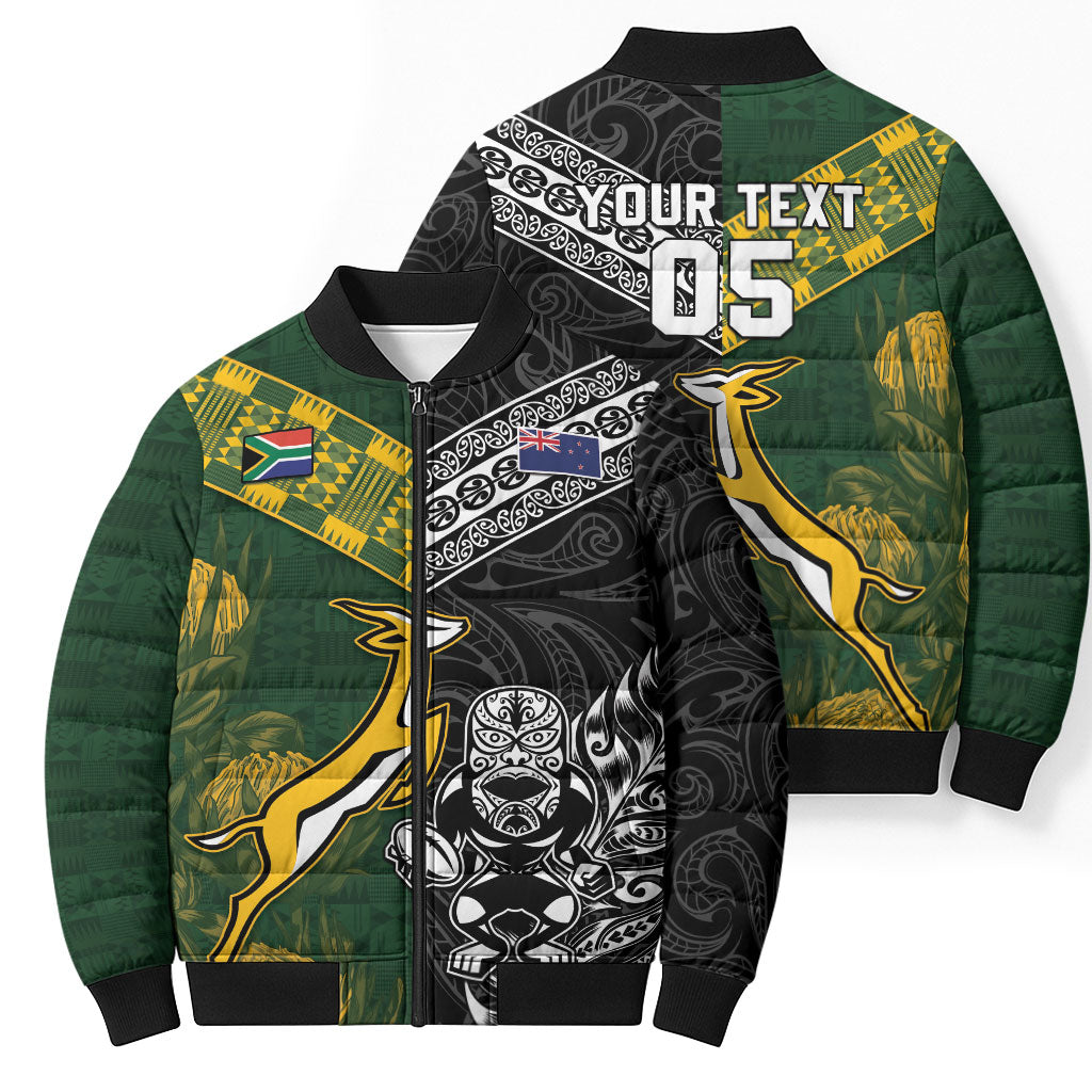 Custom Rugby New Zealand South Africa Bomber Puffer Jacket Maori Tiki Springboks Together