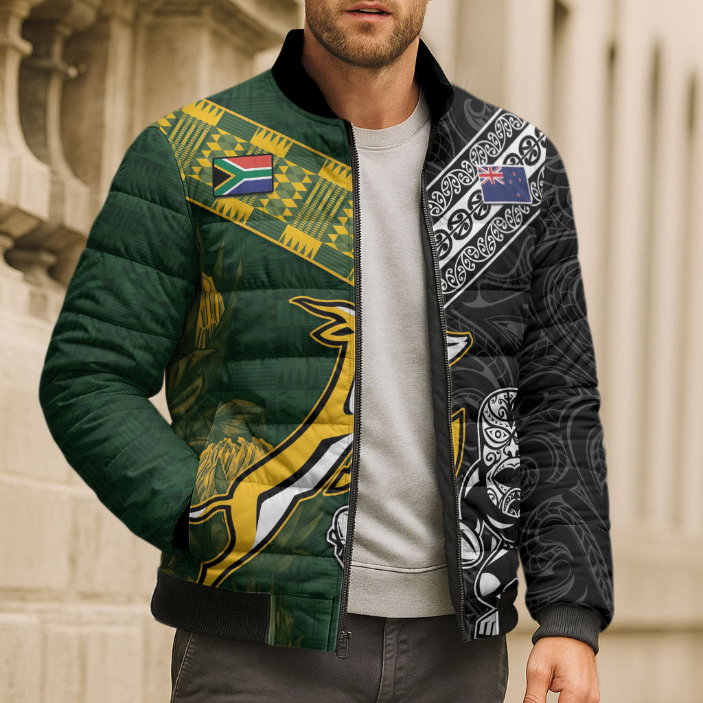 Custom Rugby New Zealand South Africa Bomber Puffer Jacket Maori Tiki Springboks Together