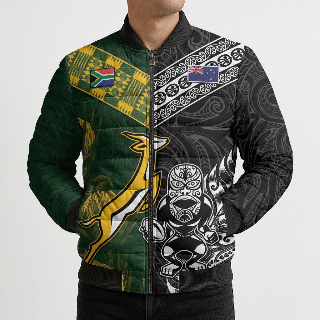 Custom Rugby New Zealand South Africa Bomber Puffer Jacket Maori Tiki Springboks Together