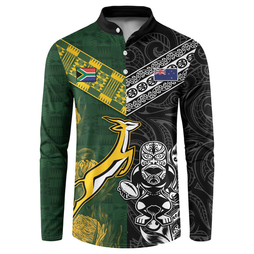 Custom Rugby New Zealand South Africa Button Sweatshirt Maori Tiki Springboks Together
