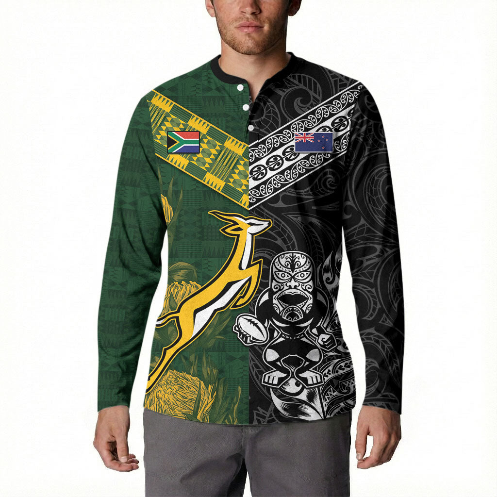 Custom Rugby New Zealand South Africa Button Sweatshirt Maori Tiki Springboks Together