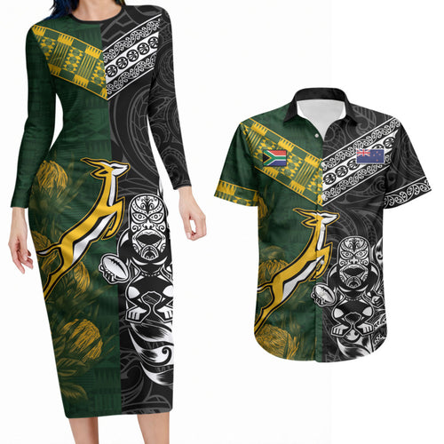 Custom Rugby New Zealand South Africa Couples Matching Long Sleeve Bodycon Dress and Hawaiian Shirt Maori Tiki Springboks Together