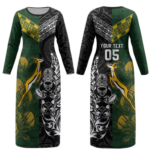Custom Rugby New Zealand South Africa Couples Matching Long Sleeve Bodycon Dress and Hawaiian Shirt Maori Tiki Springboks Together