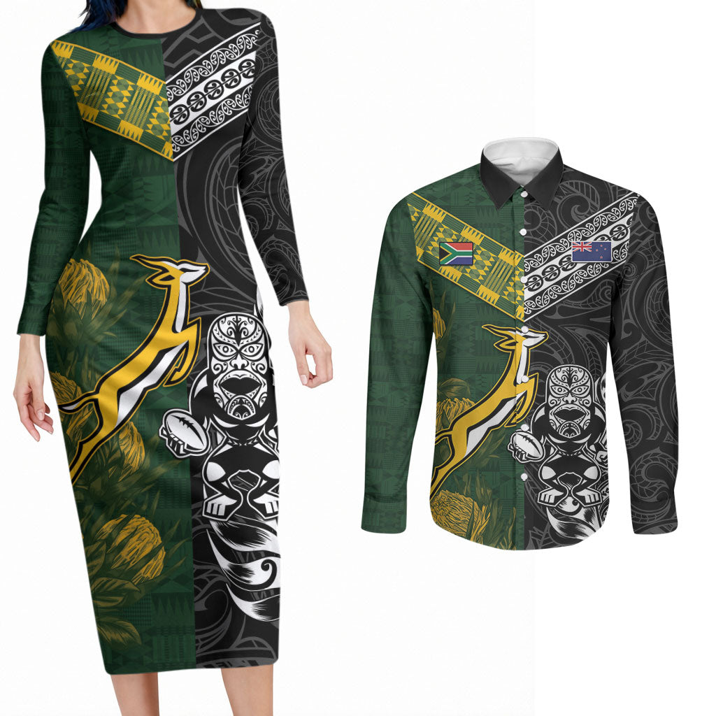 Custom Rugby New Zealand South Africa Couples Matching Long Sleeve Bodycon Dress and Long Sleeve Button Shirt Maori Tiki Springboks Together