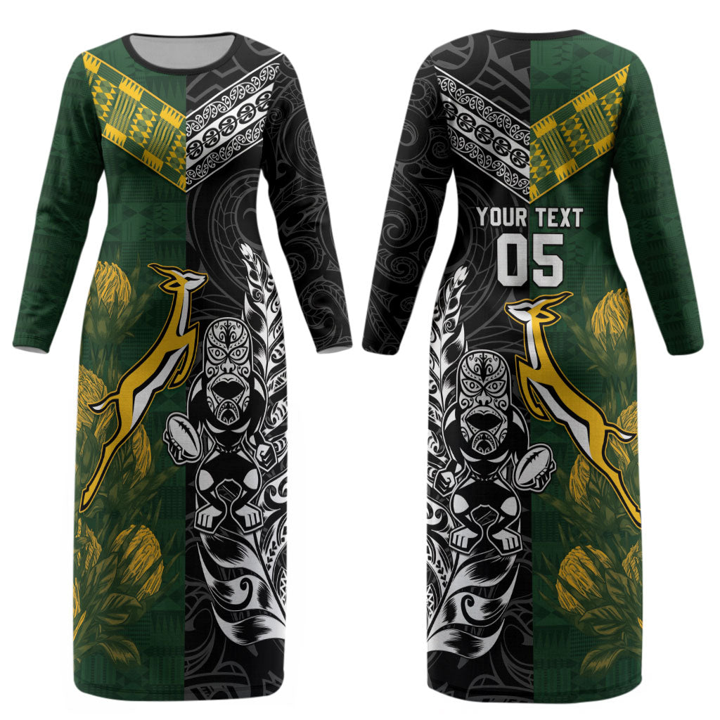 Custom Rugby New Zealand South Africa Couples Matching Long Sleeve Bodycon Dress and Long Sleeve Button Shirt Maori Tiki Springboks Together