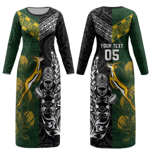 Custom Rugby New Zealand South Africa Couples Matching Long Sleeve Bodycon Dress and Long Sleeve Button Shirt Maori Tiki Springboks Together