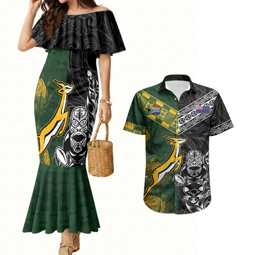 Custom Rugby New Zealand South Africa Couples Matching Mermaid Dress and Hawaiian Shirt Maori Tiki Springboks Together