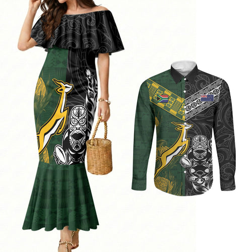 Custom Rugby New Zealand South Africa Couples Matching Mermaid Dress and Long Sleeve Button Shirt Maori Tiki Springboks Together