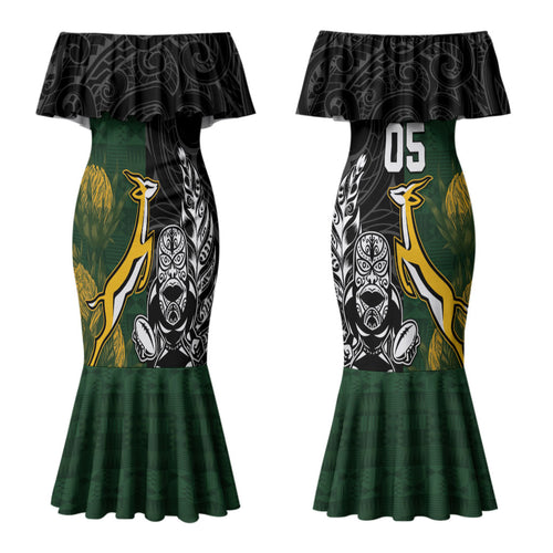 Custom Rugby New Zealand South Africa Couples Matching Mermaid Dress and Long Sleeve Button Shirt Maori Tiki Springboks Together
