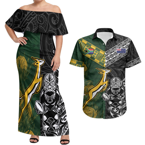 Custom Rugby New Zealand South Africa Couples Matching Off Shoulder Maxi Dress and Hawaiian Shirt Maori Tiki Springboks Together