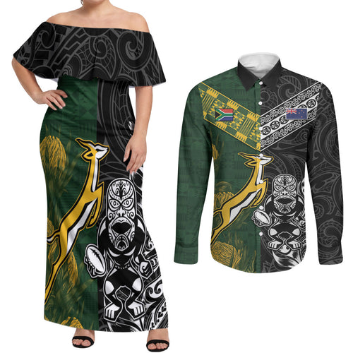 Custom Rugby New Zealand South Africa Couples Matching Off Shoulder Maxi Dress and Long Sleeve Button Shirt Maori Tiki Springboks Together