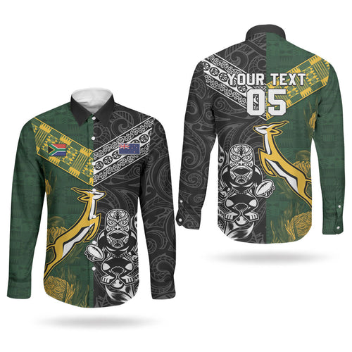 Custom Rugby New Zealand South Africa Couples Matching Off Shoulder Maxi Dress and Long Sleeve Button Shirt Maori Tiki Springboks Together