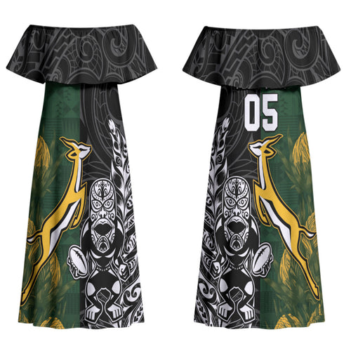 Custom Rugby New Zealand South Africa Couples Matching Off Shoulder Maxi Dress and Long Sleeve Button Shirt Maori Tiki Springboks Together