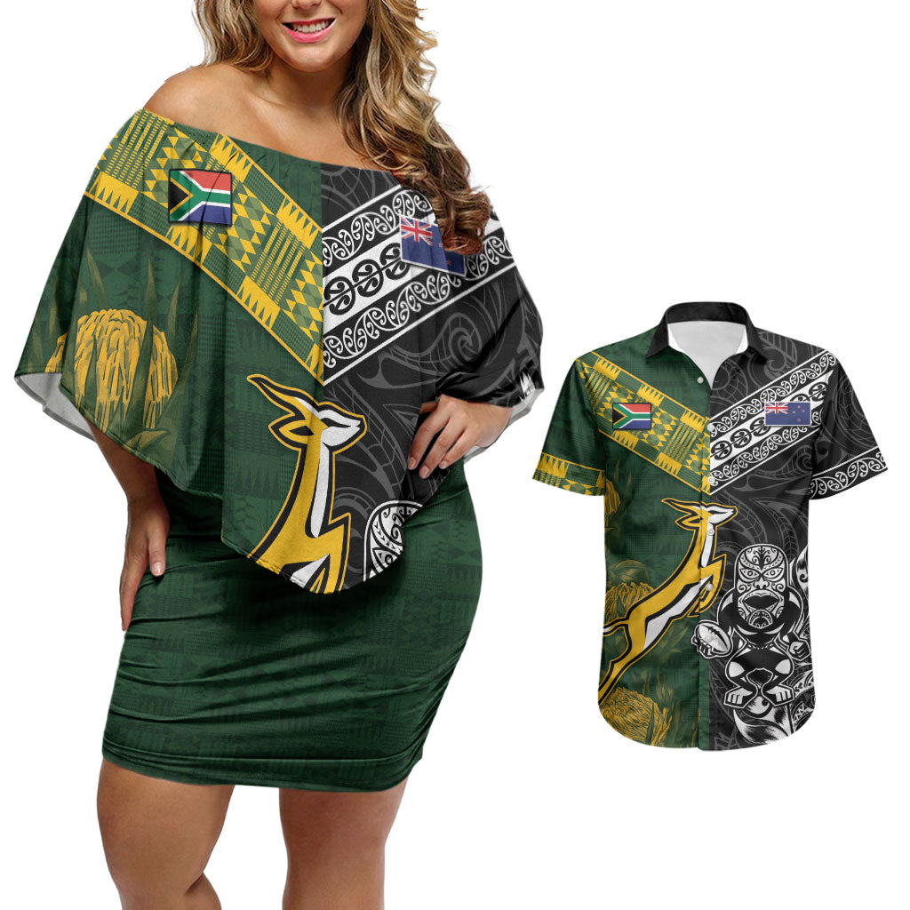 Custom Rugby New Zealand South Africa Couples Matching Off Shoulder Short Dress and Hawaiian Shirt Maori Tiki Springboks Together