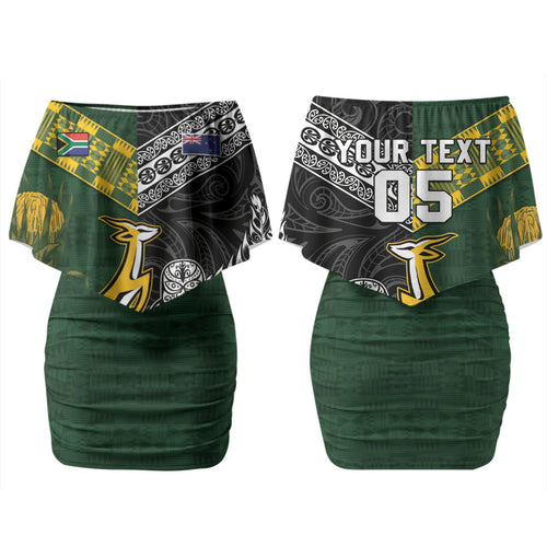 Custom Rugby New Zealand South Africa Couples Matching Off Shoulder Short Dress and Hawaiian Shirt Maori Tiki Springboks Together