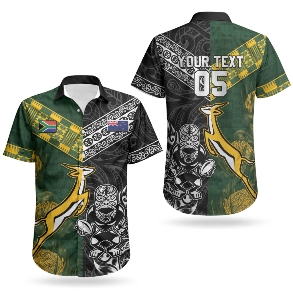 Custom Rugby New Zealand South Africa Couples Matching Off Shoulder Short Dress and Hawaiian Shirt Maori Tiki Springboks Together