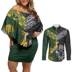 Custom Rugby New Zealand South Africa Couples Matching Off Shoulder Short Dress and Long Sleeve Button Shirt Maori Tiki Springboks Together