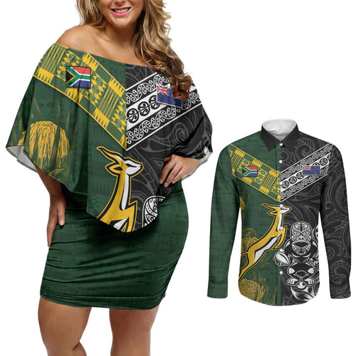 Custom Rugby New Zealand South Africa Couples Matching Off Shoulder Short Dress and Long Sleeve Button Shirt Maori Tiki Springboks Together