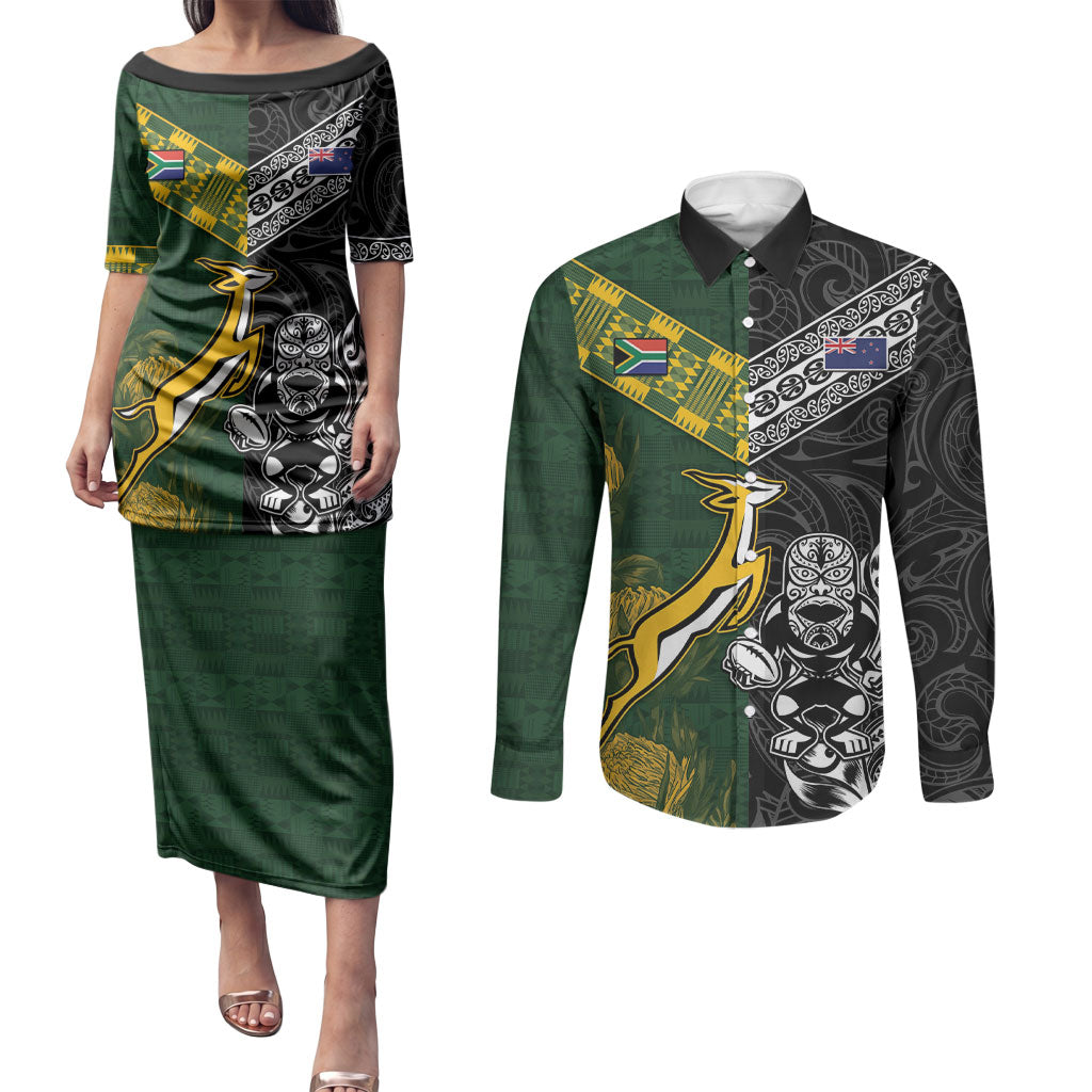 Custom Rugby New Zealand South Africa Couples Matching Puletasi and Long Sleeve Button Shirt Maori Tiki Springboks Together
