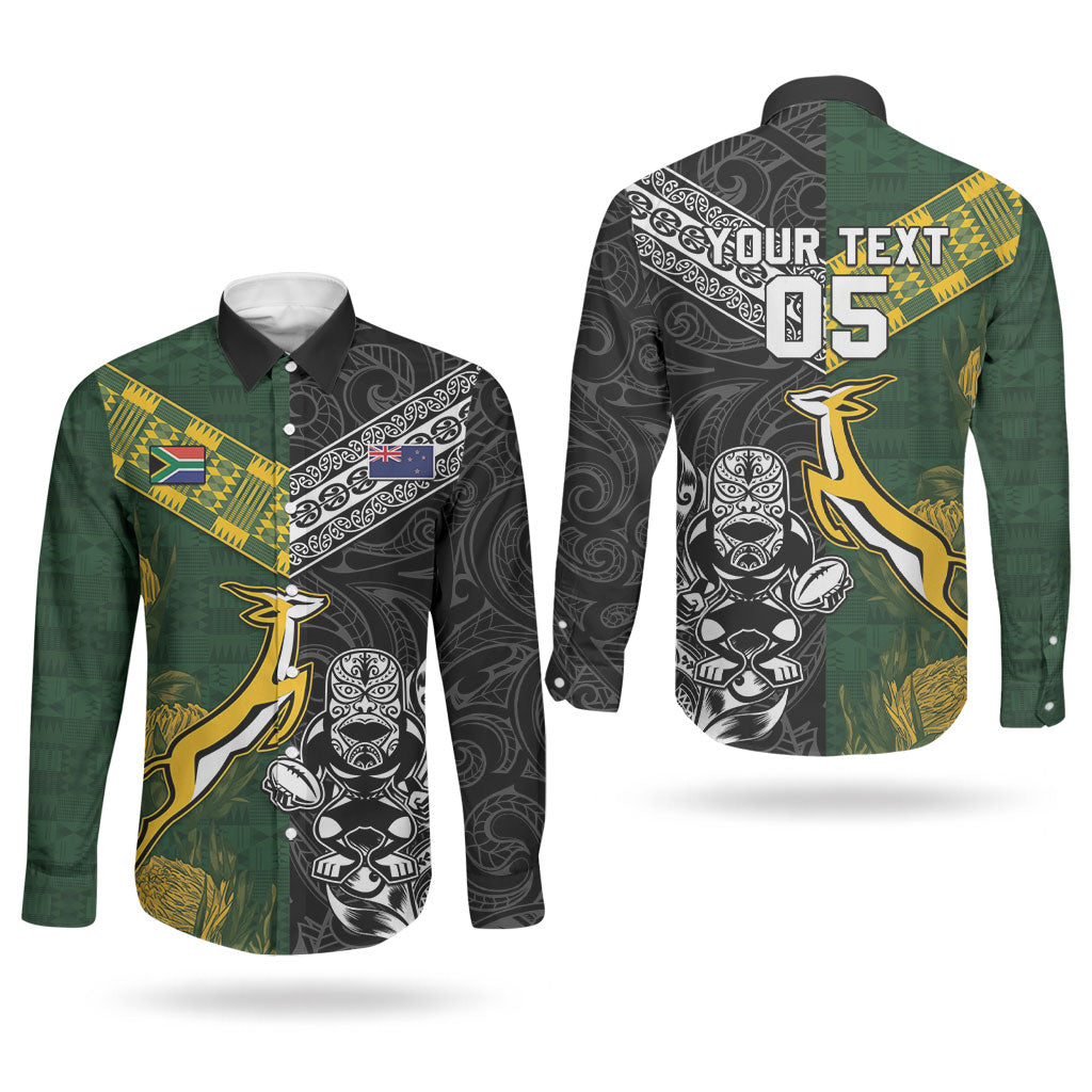 Custom Rugby New Zealand South Africa Couples Matching Puletasi and Long Sleeve Button Shirt Maori Tiki Springboks Together