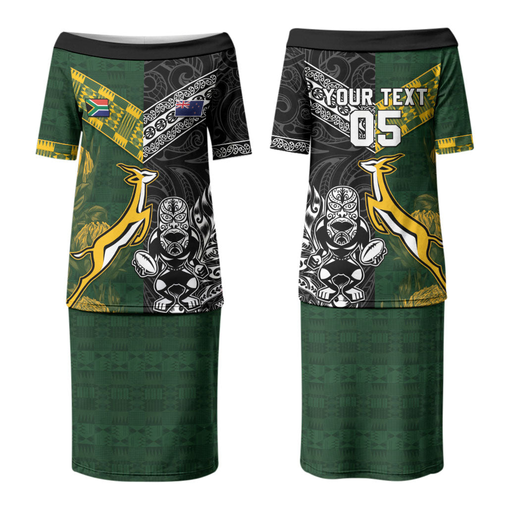 Custom Rugby New Zealand South Africa Couples Matching Puletasi and Long Sleeve Button Shirt Maori Tiki Springboks Together