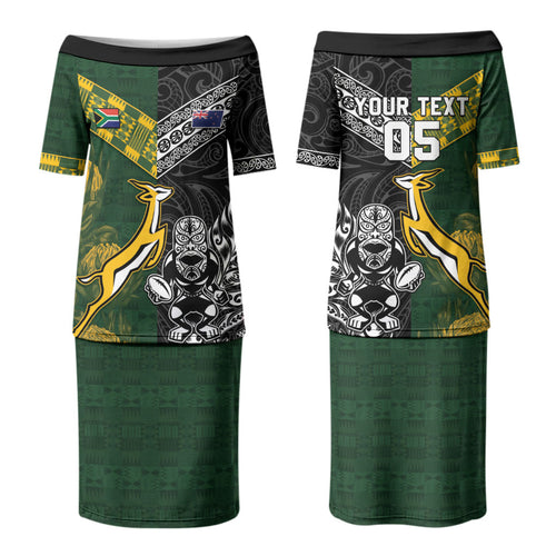 Custom Rugby New Zealand South Africa Couples Matching Puletasi and Long Sleeve Button Shirt Maori Tiki Springboks Together