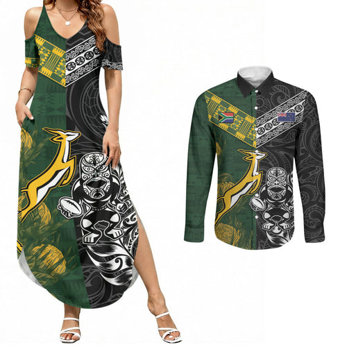 Custom Rugby New Zealand South Africa Couples Matching Summer Maxi Dress and Long Sleeve Button Shirt Maori Tiki Springboks Together