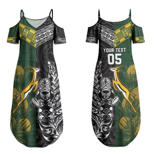 Custom Rugby New Zealand South Africa Couples Matching Summer Maxi Dress and Long Sleeve Button Shirt Maori Tiki Springboks Together