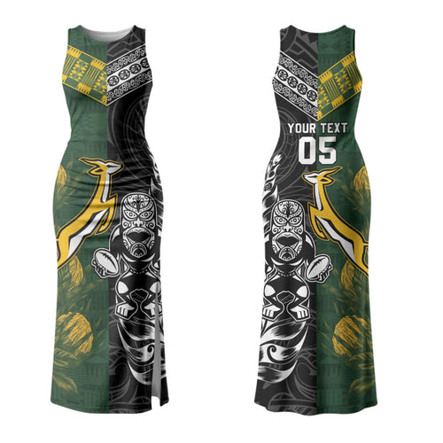 Custom Rugby New Zealand South Africa Couples Matching Tank Maxi Dress and Hawaiian Shirt Maori Tiki Springboks Together