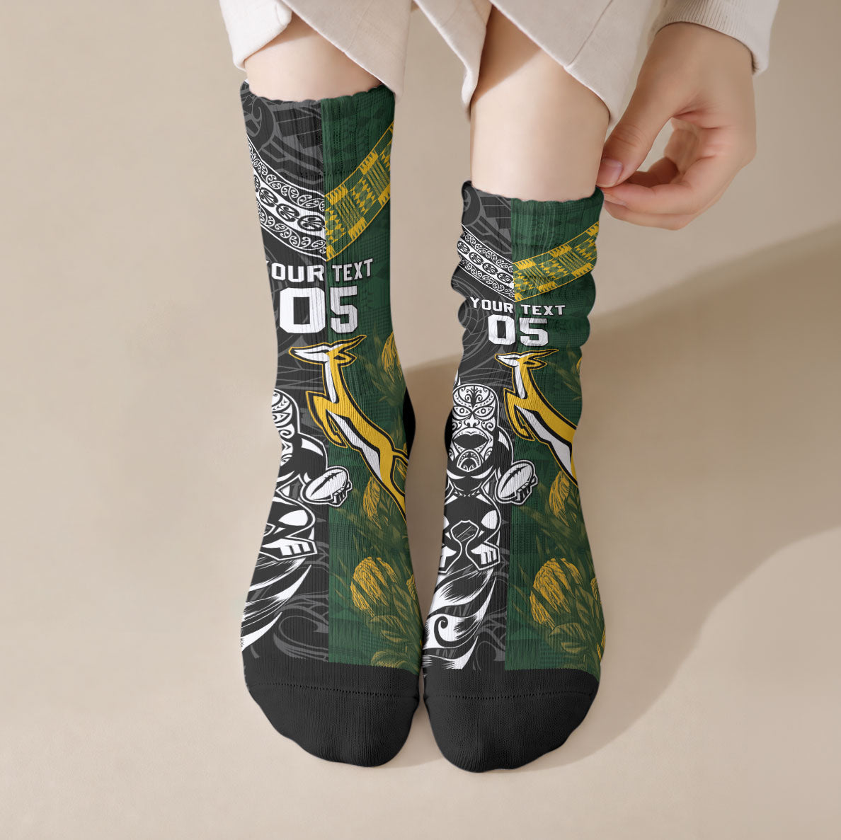 Custom Rugby New Zealand South Africa Crew Socks Maori Tiki Springboks Together