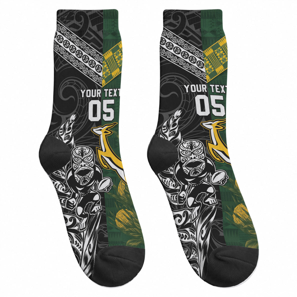 Custom Rugby New Zealand South Africa Crew Socks Maori Tiki Springboks Together