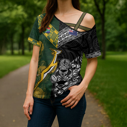 Custom Rugby New Zealand South Africa Cross Shoulder Shirt Maori Tiki Springboks Together