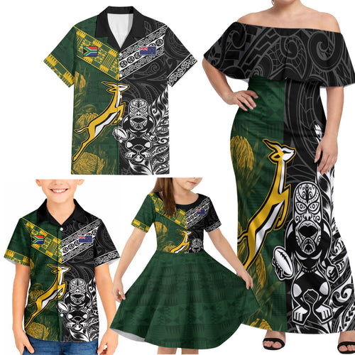 Custom Rugby New Zealand South Africa Family Matching Off Shoulder Maxi Dress and Hawaiian Shirt Maori Tiki Springboks Together