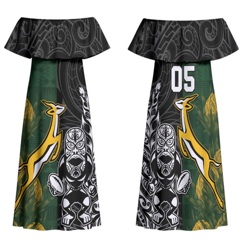Custom Rugby New Zealand South Africa Family Matching Off Shoulder Maxi Dress and Hawaiian Shirt Maori Tiki Springboks Together