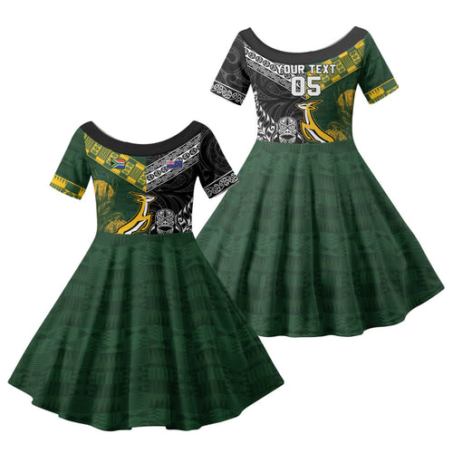 Custom Rugby New Zealand South Africa Family Matching Off Shoulder Maxi Dress and Hawaiian Shirt Maori Tiki Springboks Together