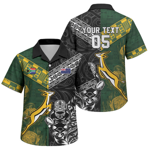 Custom Rugby New Zealand South Africa Family Matching Off Shoulder Maxi Dress and Hawaiian Shirt Maori Tiki Springboks Together