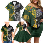 Custom Rugby New Zealand South Africa Family Matching Off Shoulder Short Dress and Hawaiian Shirt Maori Tiki Springboks Together