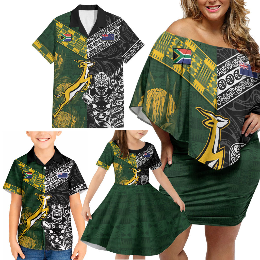 Custom Rugby New Zealand South Africa Family Matching Off Shoulder Short Dress and Hawaiian Shirt Maori Tiki Springboks Together