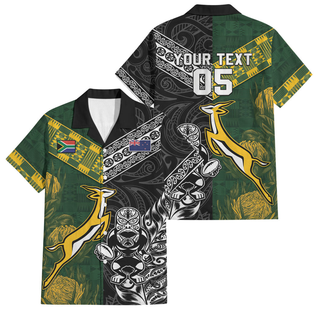 Custom Rugby New Zealand South Africa Family Matching Off Shoulder Short Dress and Hawaiian Shirt Maori Tiki Springboks Together