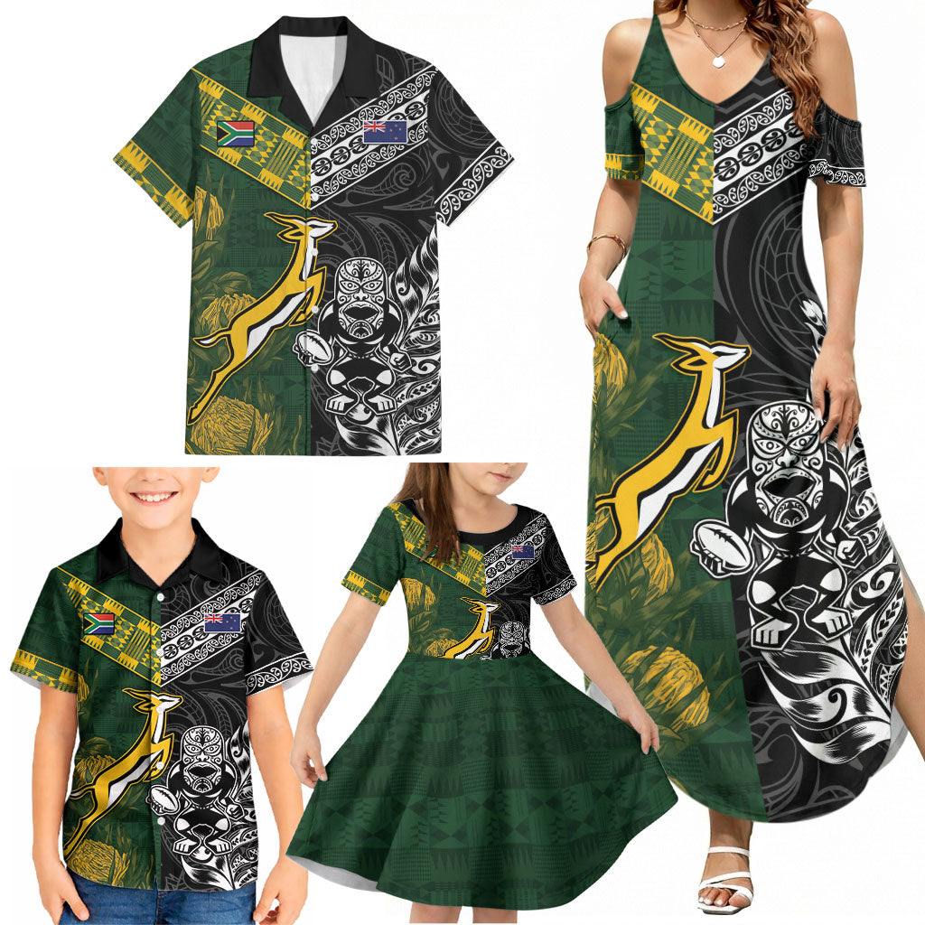 Custom Rugby New Zealand South Africa Family Matching Summer Maxi Dress and Hawaiian Shirt Maori Tiki Springboks Together