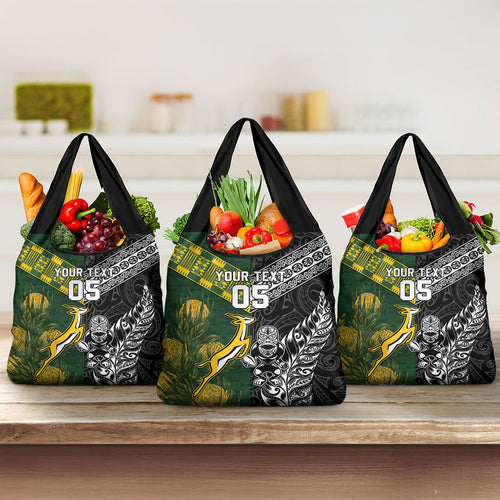 Custom Rugby New Zealand South Africa Grocery Bag Maori Tiki Springboks Together
