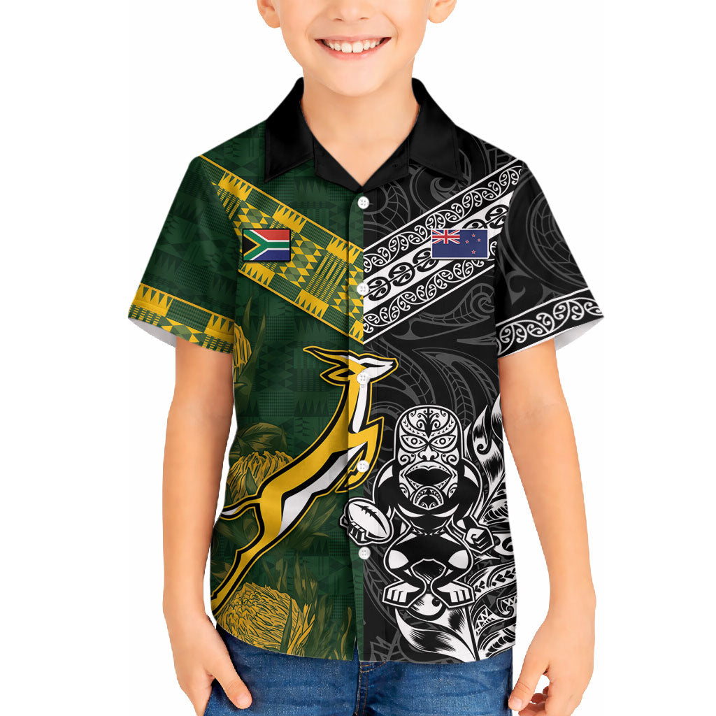 Custom Rugby New Zealand South Africa Hawaiian Shirt Maori Tiki Springboks Together