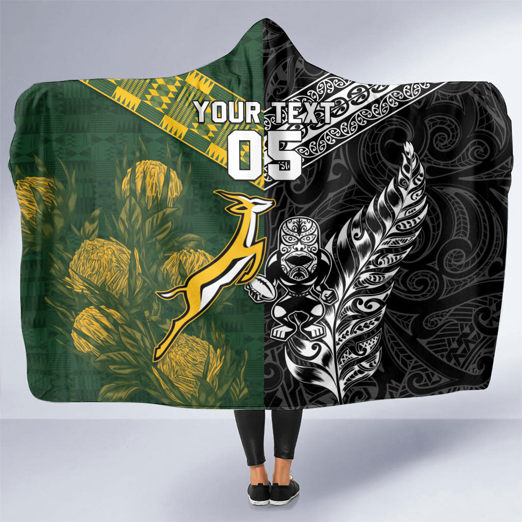 Custom Rugby New Zealand South Africa Hooded Blanket Maori Tiki Springboks Together