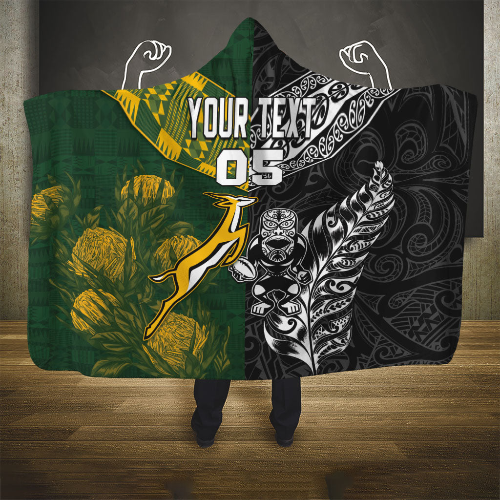 Custom Rugby New Zealand South Africa Hooded Blanket Maori Tiki Springboks Together