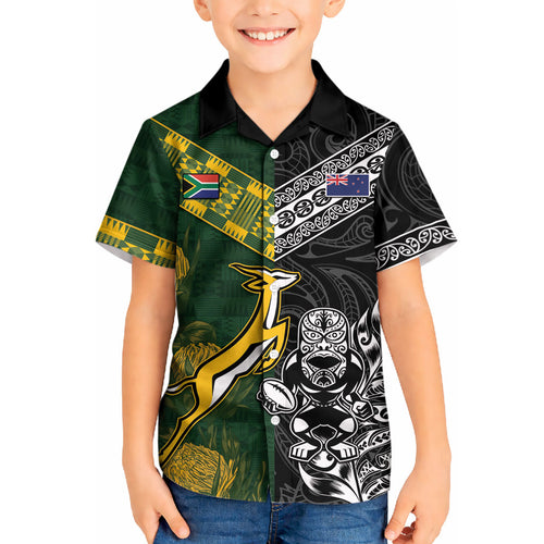 Custom Rugby New Zealand South Africa Kid Hawaiian Shirt Maori Tiki Springboks Together