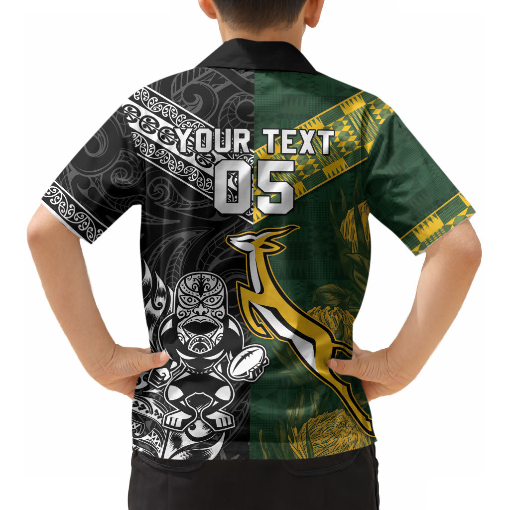 Custom Rugby New Zealand South Africa Kid Hawaiian Shirt Maori Tiki Springboks Together