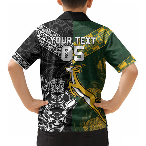 Custom Rugby New Zealand South Africa Kid Hawaiian Shirt Maori Tiki Springboks Together
