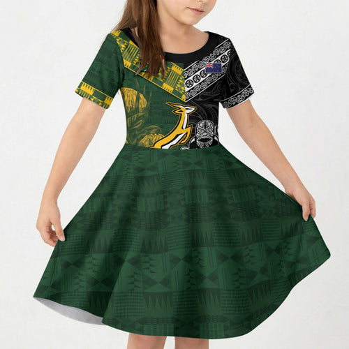Custom Rugby New Zealand South Africa Kid Short Sleeve Dress Maori Tiki Springboks Together