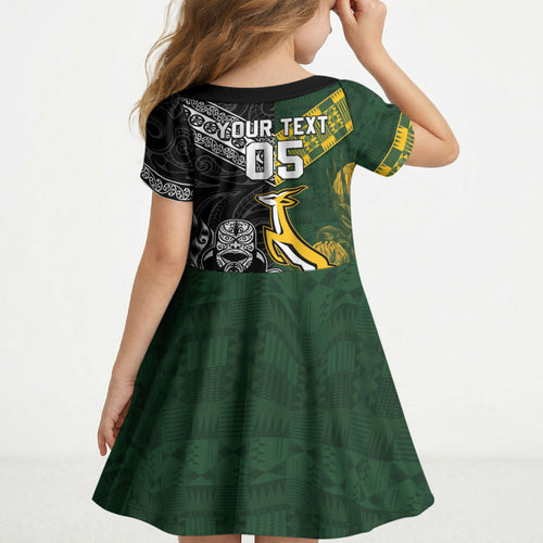Custom Rugby New Zealand South Africa Kid Short Sleeve Dress Maori Tiki Springboks Together